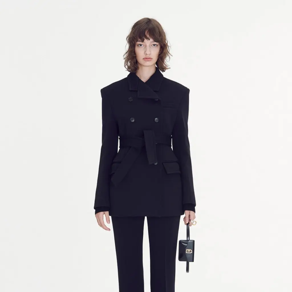 

Women's Korean Style Slim Double-Breasted Woolen Outwear Classic Black Top for Autumn Winter Niche Fashion