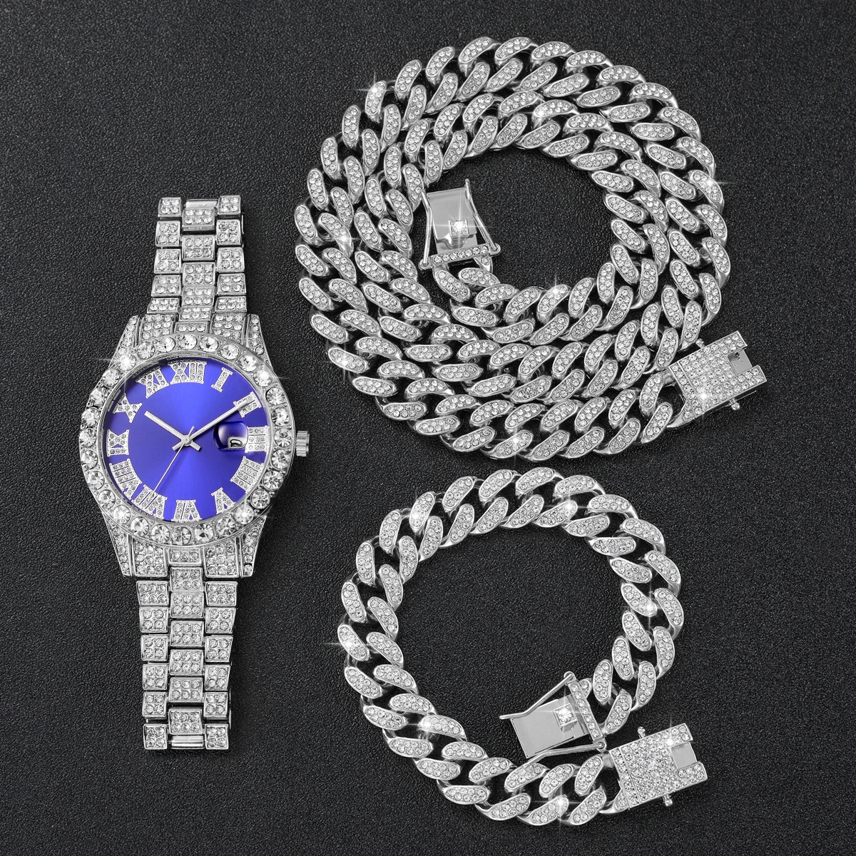 メンズラグジュアリークォーツ時計,スチールベルト,ネックレスとブレスレットのセット,3個