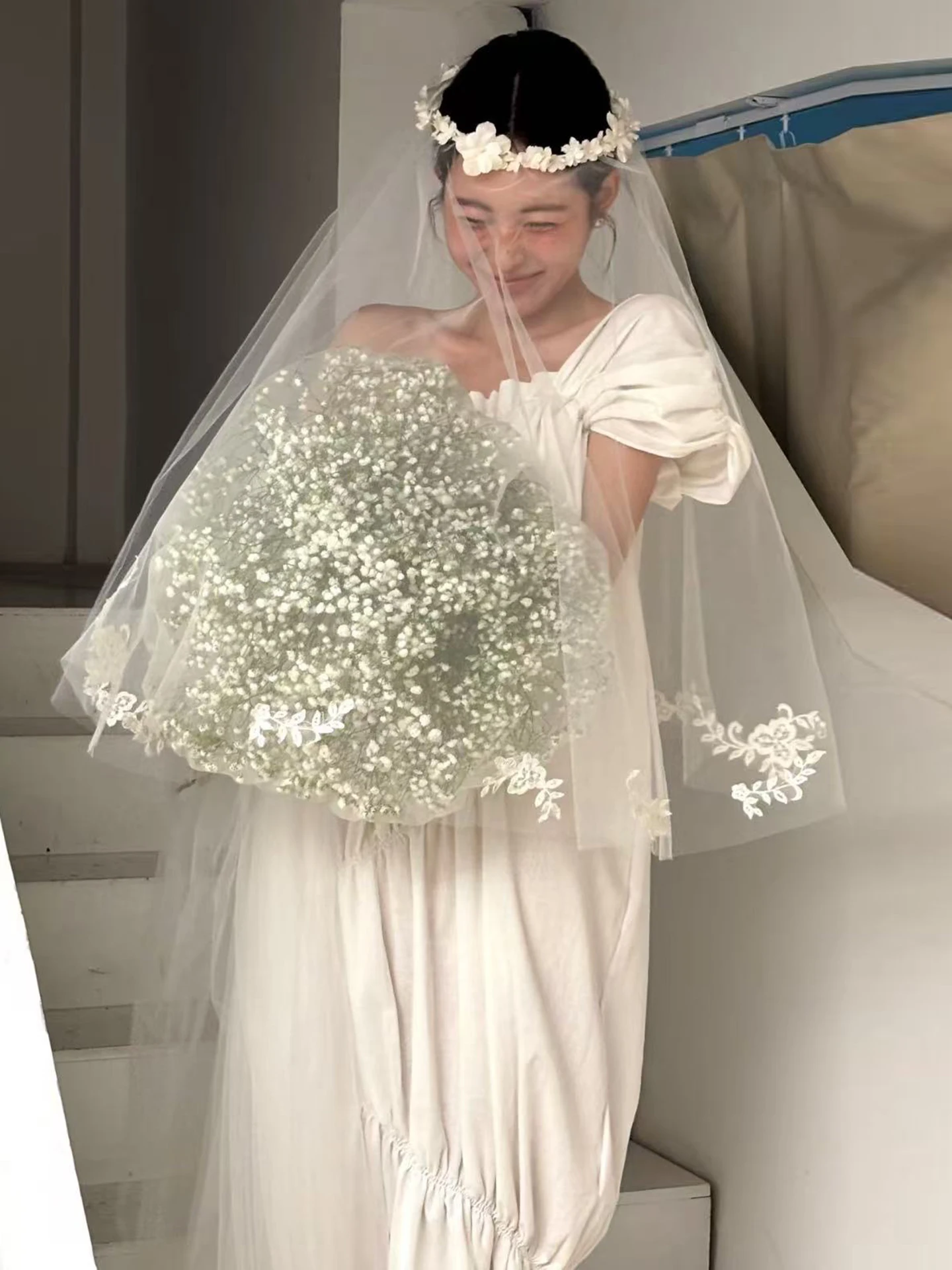 Forest System Flower Ring Headscarf Wedding Registration Morning Robe Accessory Sweet Female Irregular Lace Wedding Ceremony