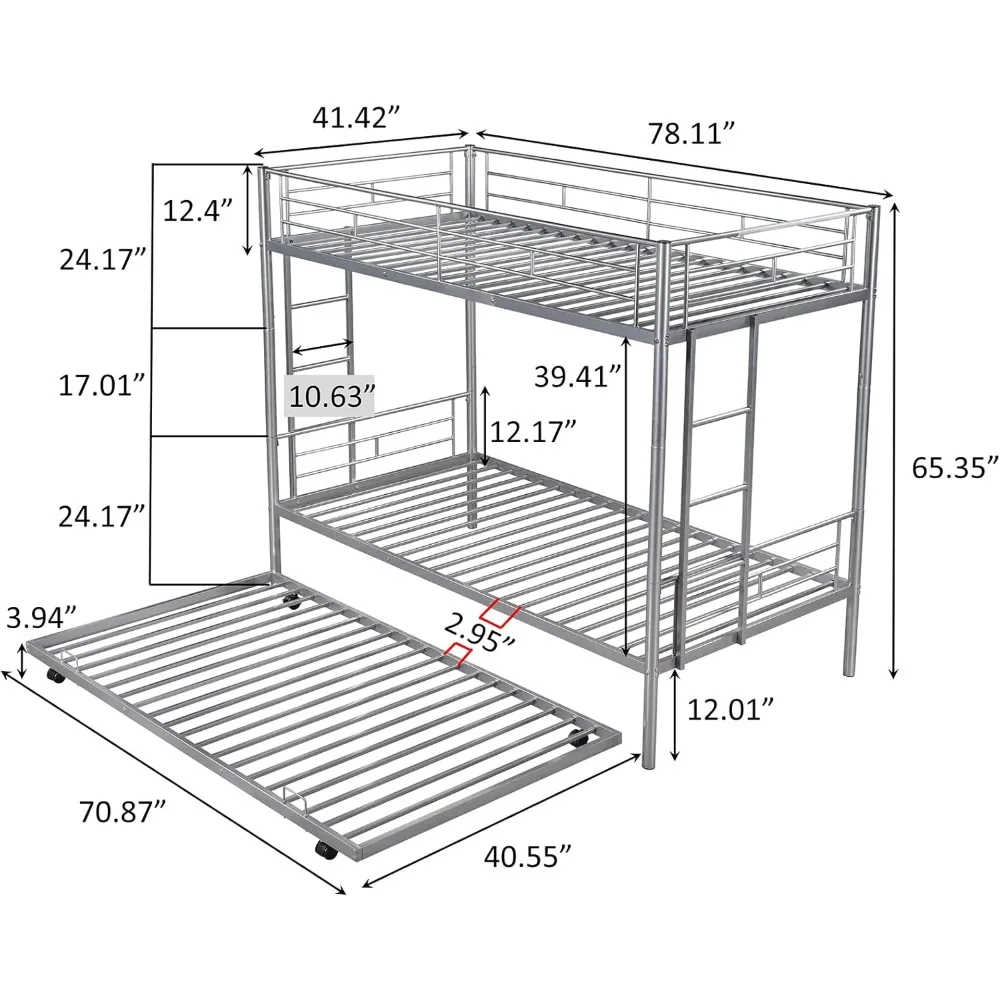 Twin Over Metal Bunk Bed with Trundle Heavy Duty Size Beds Frame 2 Side Ladders Convertible Bunkbed Safety Guard Rails