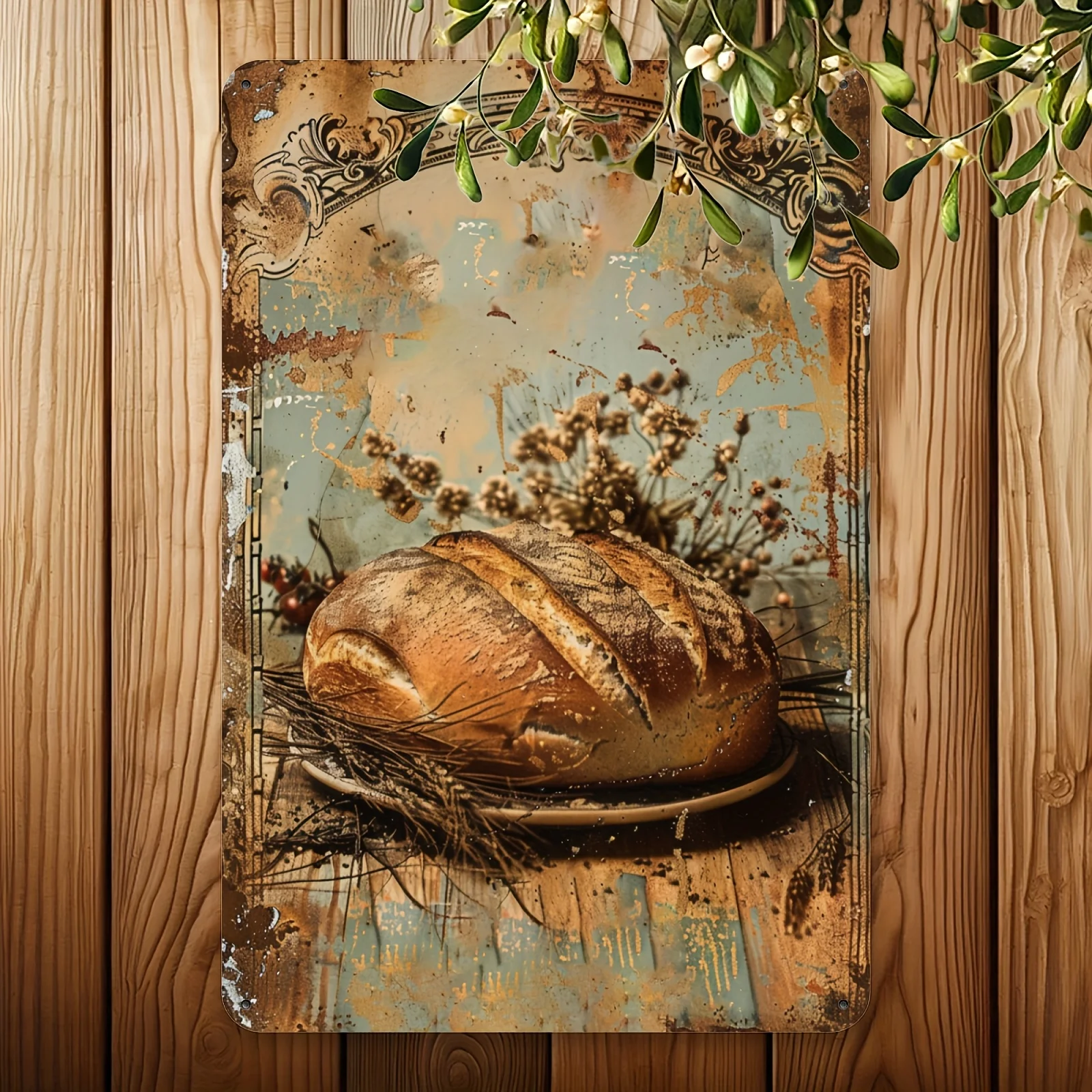 Rustic Bread & Wheat Vintage Metal Tin Sign - Ideal for Kitchen, Farmhouse, Country Restaurant Decor