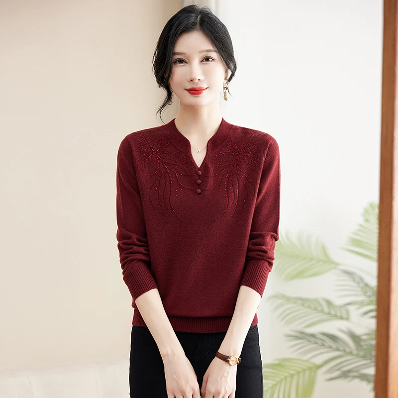 

Модный тонкий вязаный свитер-базовый слой для женщин среднего и старшего возраста, осенне-зимний, из полиэфирного волокна, с V-образным вырезом, короткий рукав