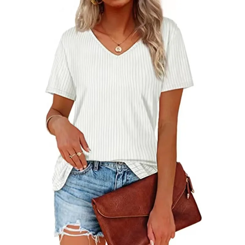 Ladies Short Sleeve Fashion Solid Color V-Neck Summer Pullover T-Shirt Casual Women Elegant Chic Soft Versatile Comfortable Tops