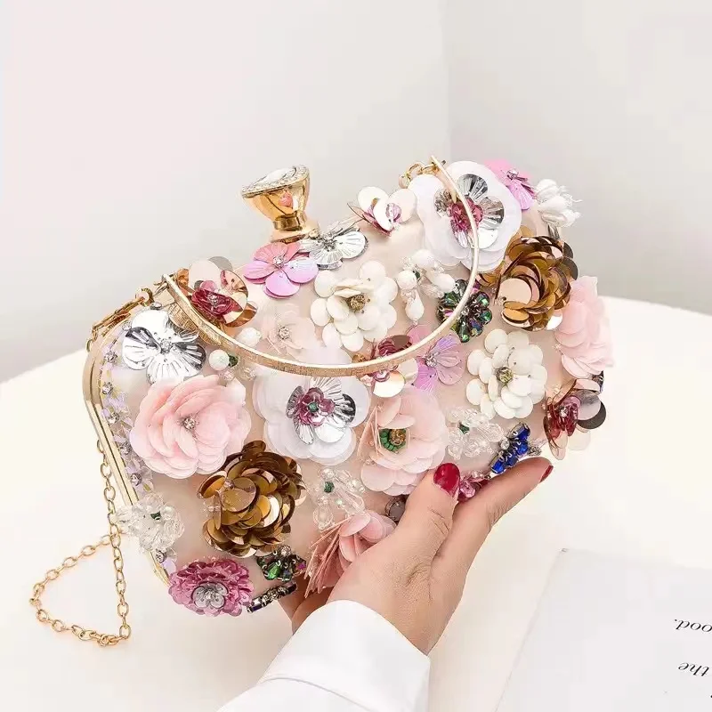 Modne torebki damskie kwiatowe diamenty hafty mała kopertówka luksusowe torebki damskie torebki wieczorowe New Arrival torebka na ramię z łańcuszkiem