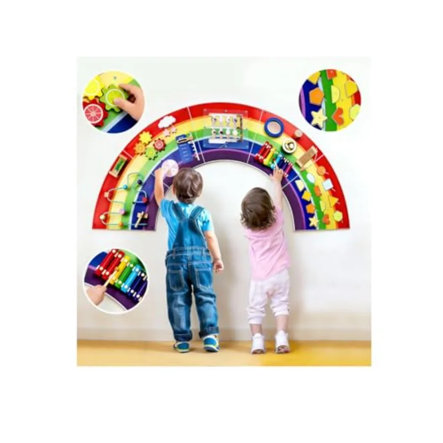 

Rainbow Wall Busy Board for : Wooden Montessori Activity Panel in Rainbow Colors 13-in-1 Sensory Learning Toy for Fine Motor Sk
