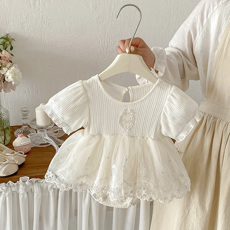 2026 New Summer Newborn Baby Girl Romper Short sleeved cotton mesh splicing Korean Style Climbing Suit 0-24M Children Clothes