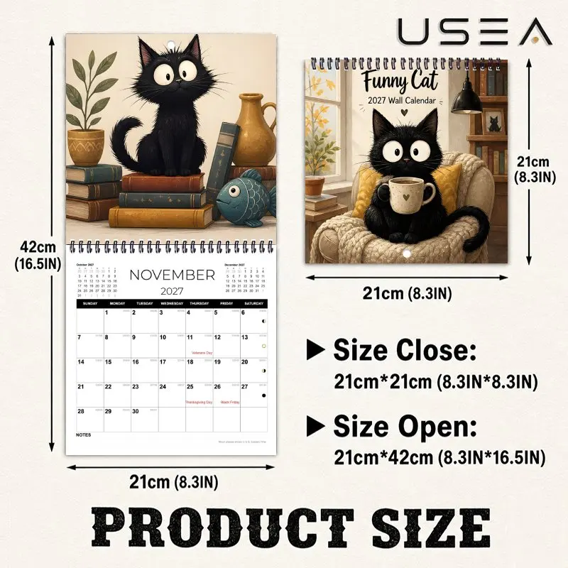 2027 Wall Calendar,Planner with Habit Tracker,US Federal Holidays &Lunar Phases,Funny Black Cat Cozy Design,Ideal Christmas Gift
