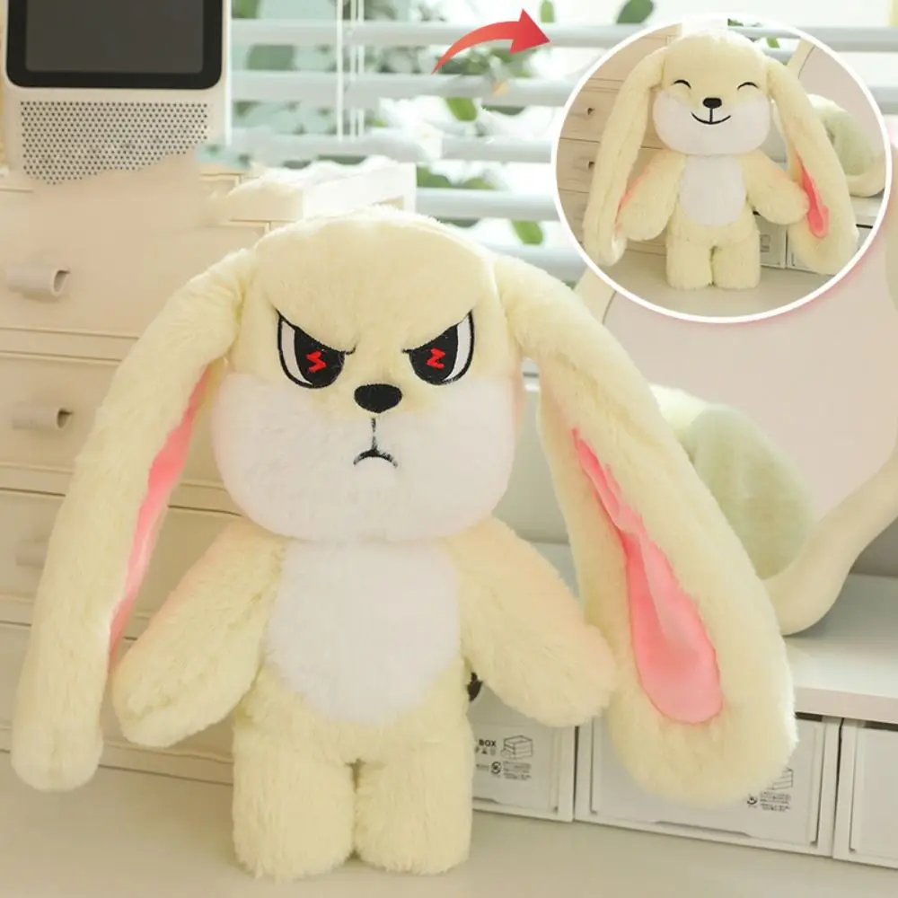 Head Can Rotated Long Ear Rabbit Plush Doll Happy To Angry PP Cotton Emoticon Rabbit Plush Toy 2 Facial Ornament