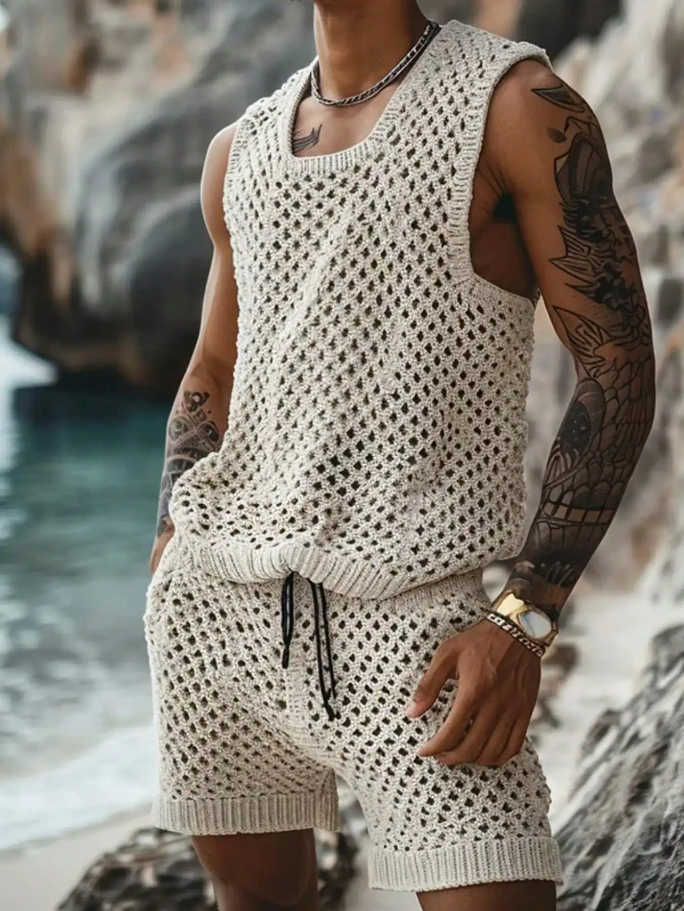

Mens Hollow-Out Knit Tank Top And Shorts Set