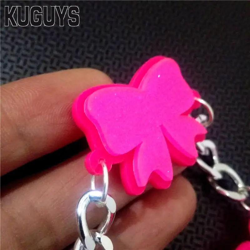 KUGUYS Glitter Pink Sweet Drop Dangle Earrings for Women Bowknot Accessories Acrylic Jewelry