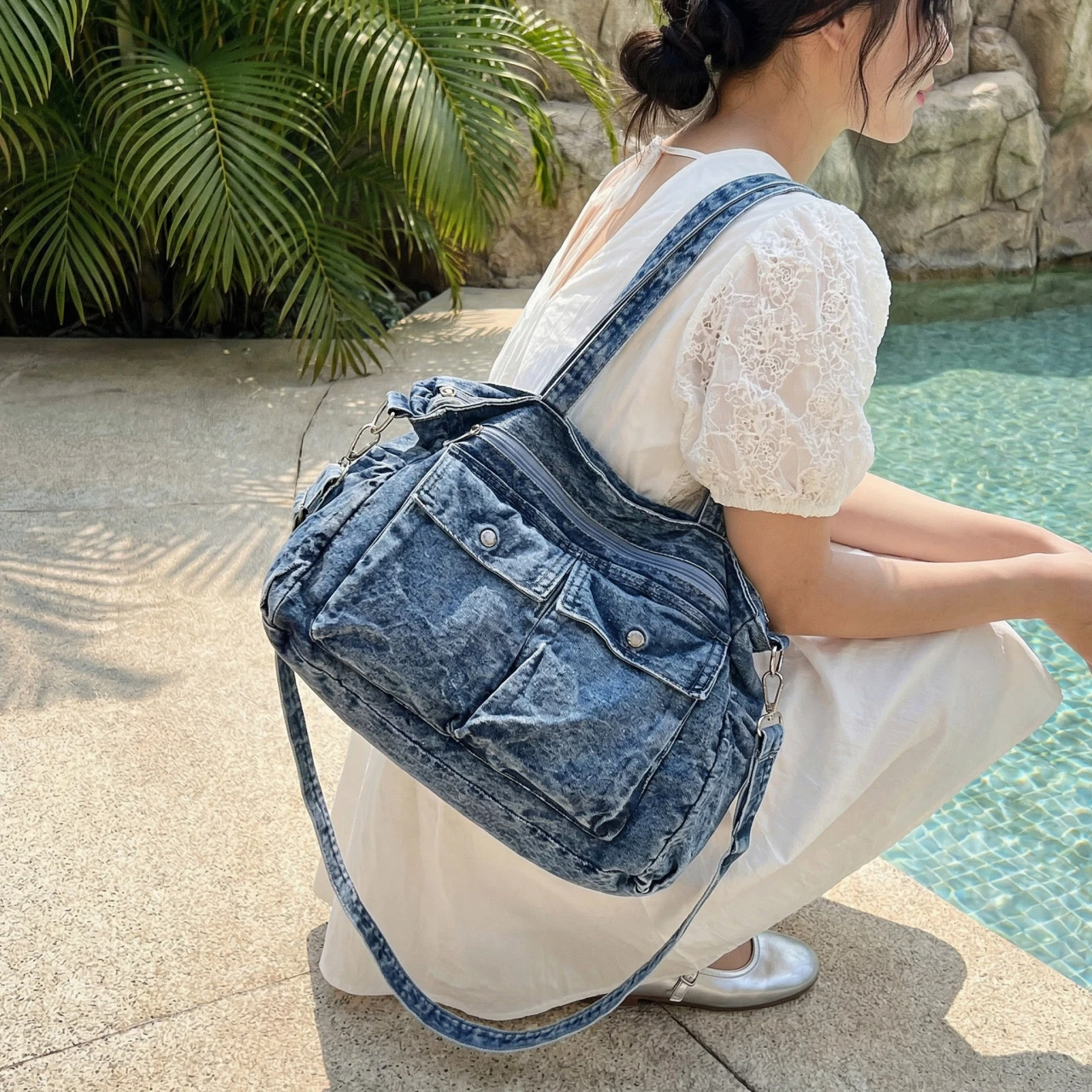 Large Capacity Denim Shoulder Bags Women 100% Cotton Handbags Washed Canvas Casual Totes Korea Style Cloth Tooling Packages