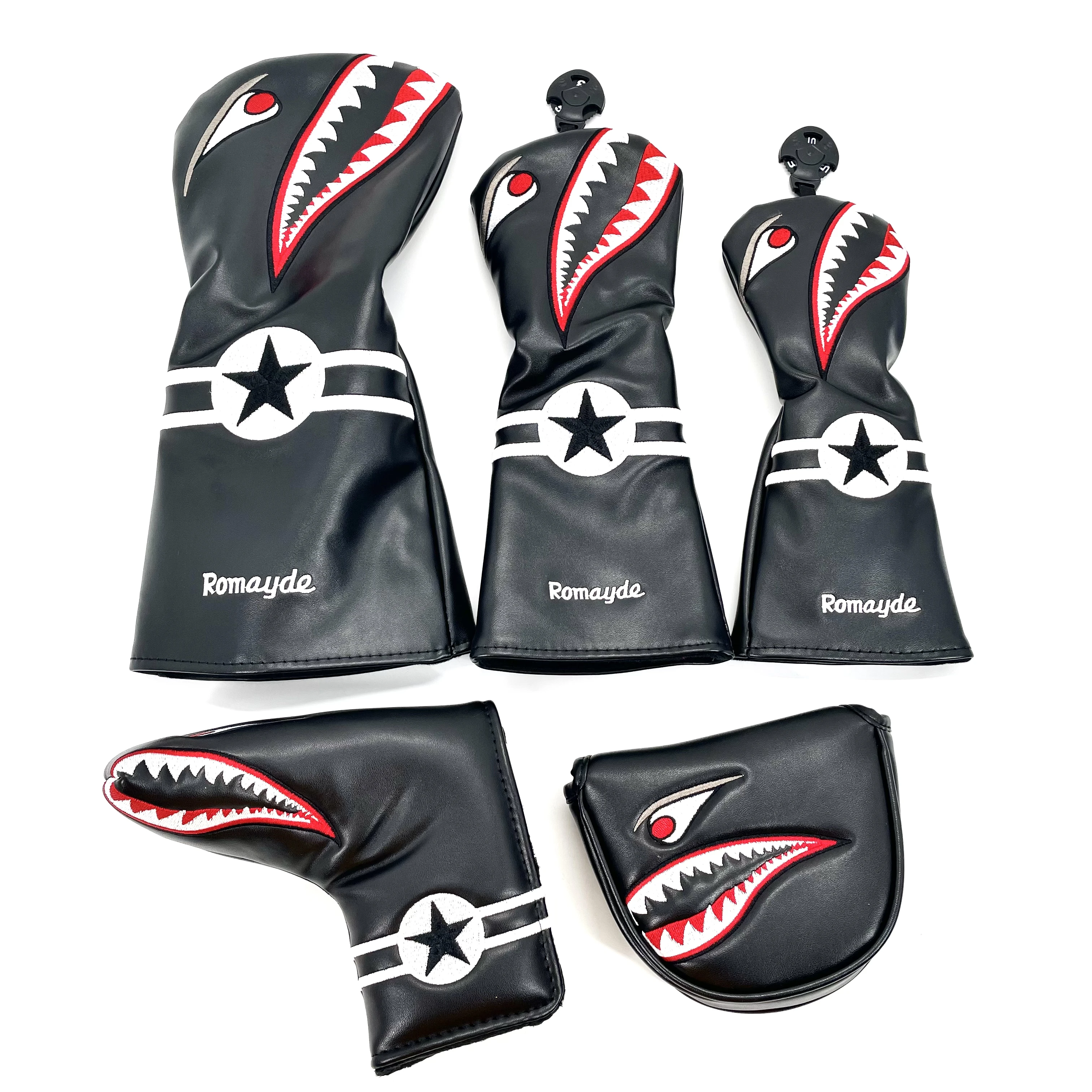 Golf PU Leather Wood Head Cover Golf Driver Fairway Wood Hybrid Head covers Shark Cartoon Pattern Golf Club Protective Sleeve