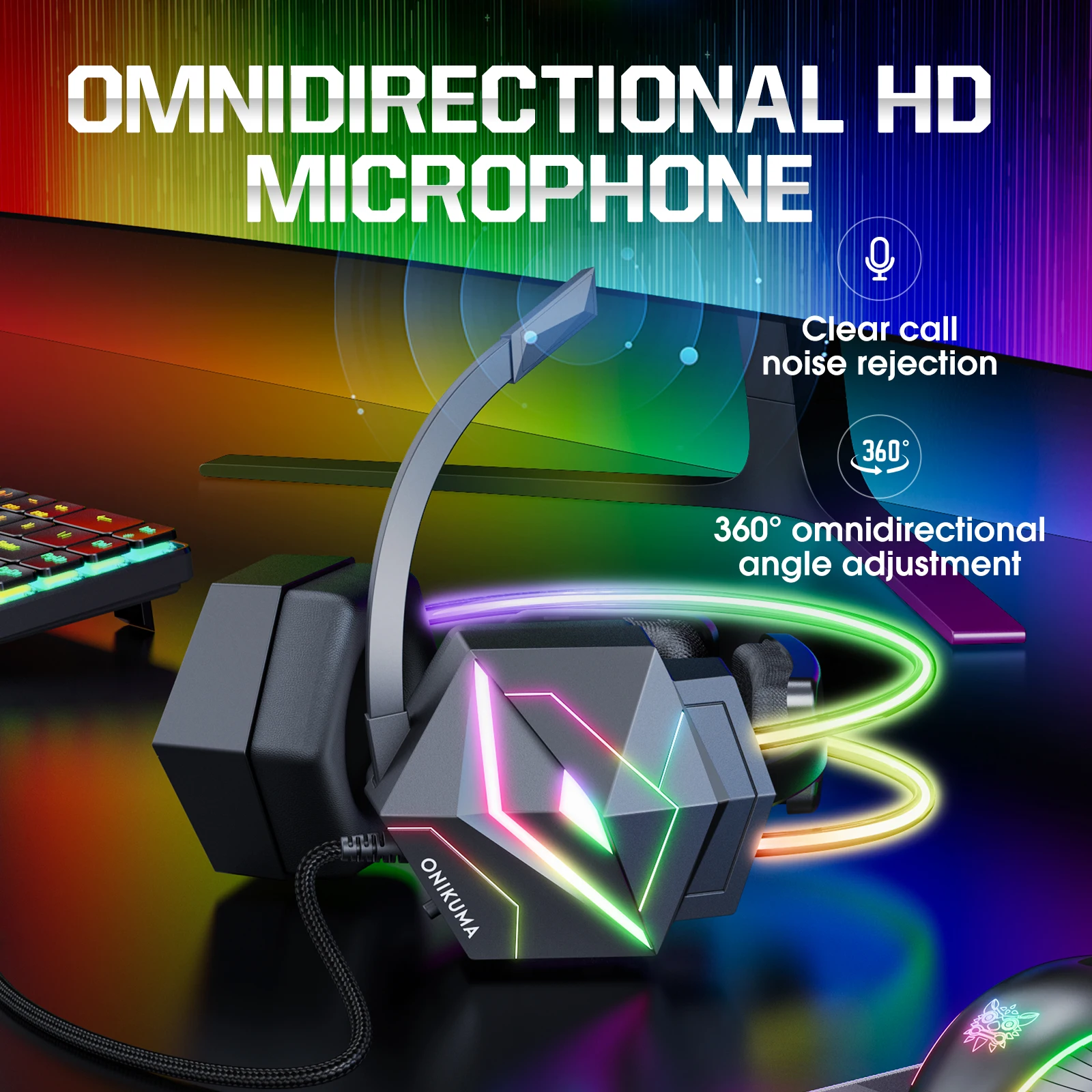 ONIKUMA Gaming Headset Wired Headset Player PC PS4 with RGB Lighting HD Flexible Microphone Headset for Xbox PS5 PC Games