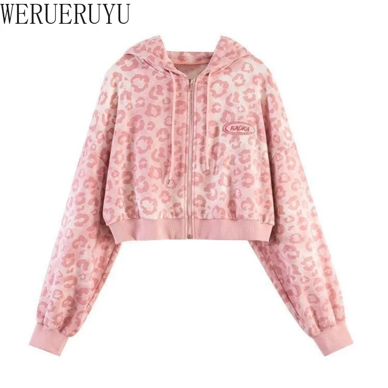 Pink Leopard Print Short Hoodie Women Vintage Clothes Autumn Winter Fashion Hooded Zip-up Long Sleeve Womens Hoodies Outerwears