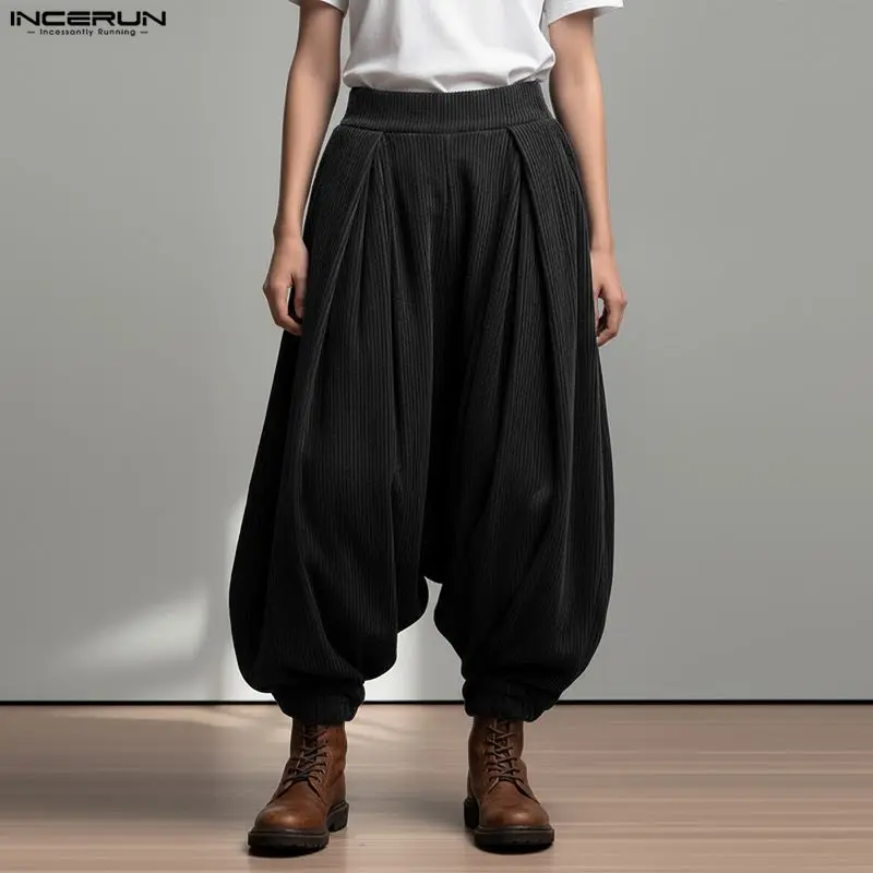 

Мужские брюки-шаровары INCERUN, однотонные, с эластичным поясом, джоггеры, повседневные брюки с заниженной проймой, мужская уличная одежда, модные свободные брюки 2026 года