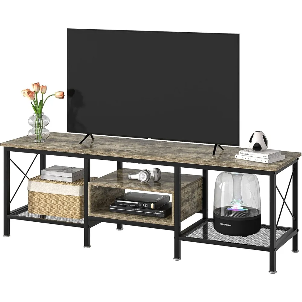 

VECELO Industrial TV Stand for 70 Inch Television Cabinet 3-Tier Console with Open Storage Shelves, Entertainment Center Metal