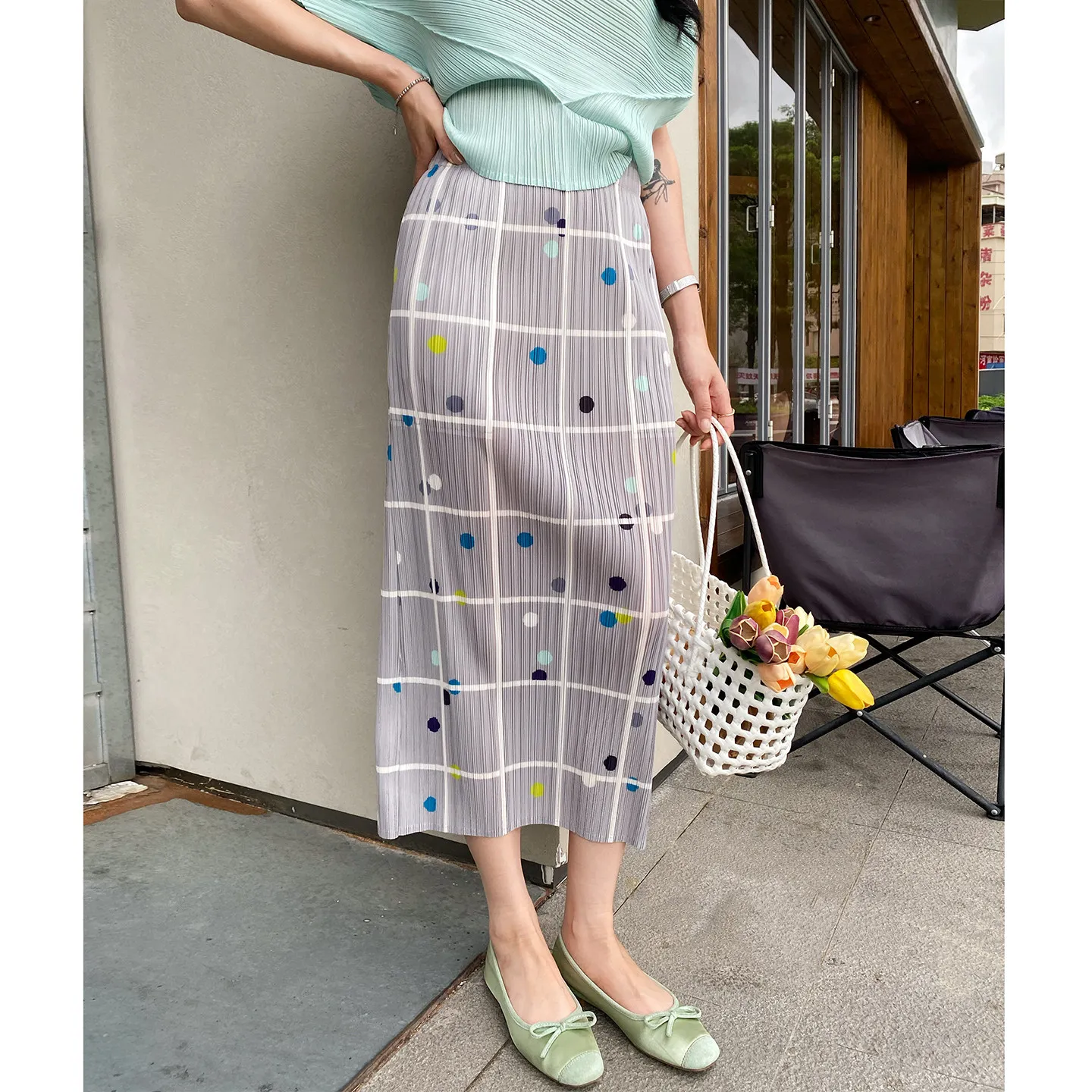 

Women Summer New Half Skirt Pleated Color Bean Checkered Print Loose Elastic Slimming Casual Straight Half Skirt