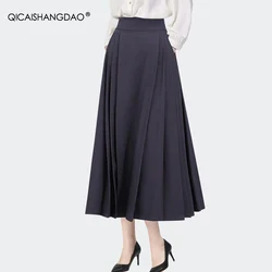 2024 Spring High Waist Pleated Long Skirt Grey-purple A-line Big Swing Elegant Retro Ladylike Casual Working Skirts