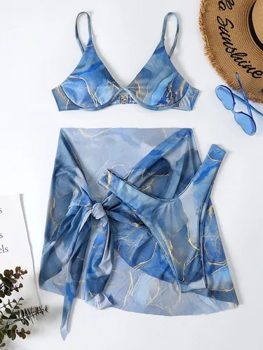 Imagen 2 del producto Cikini-Traje de baño push up con falda para mujer, traje de baño sexy, ropa de playa con estampado de mármol, traje de baño de verano, Bikini de 3 piezas