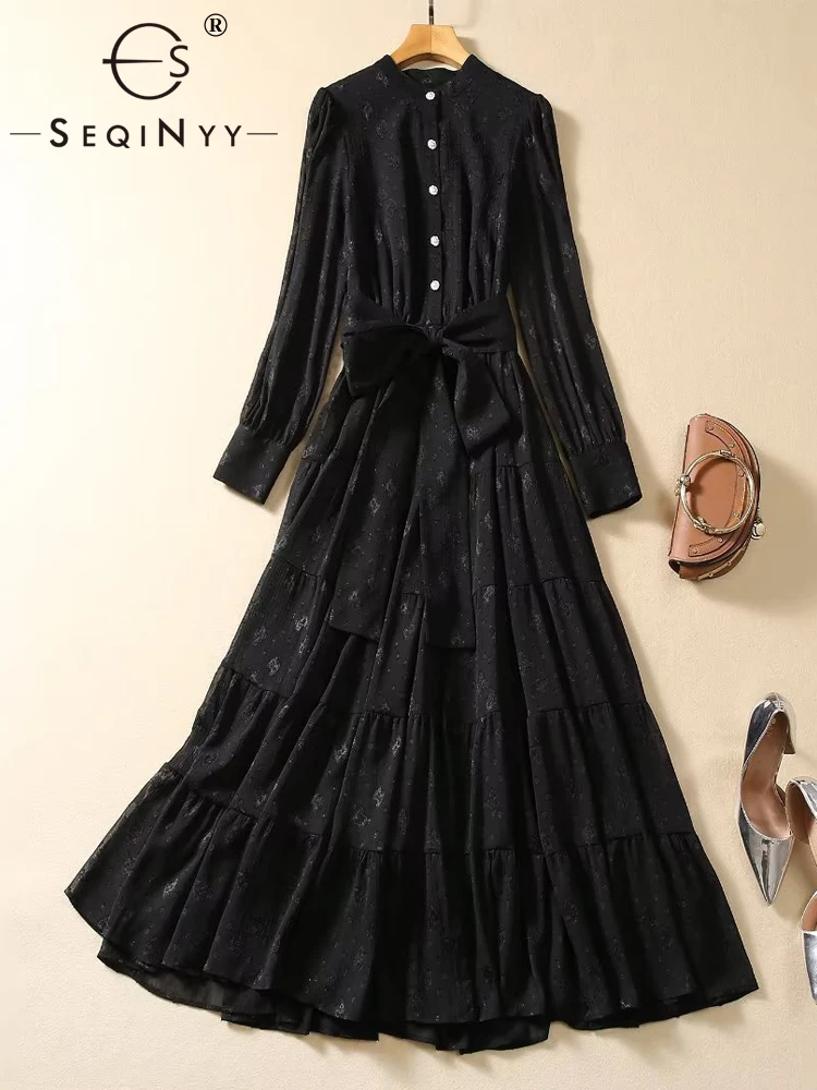 

SEQINYY Elegant Midi Dress Summer Spring New Fashion Design Women Runway High Street Vintage Jacquard Flower A-Line Belt