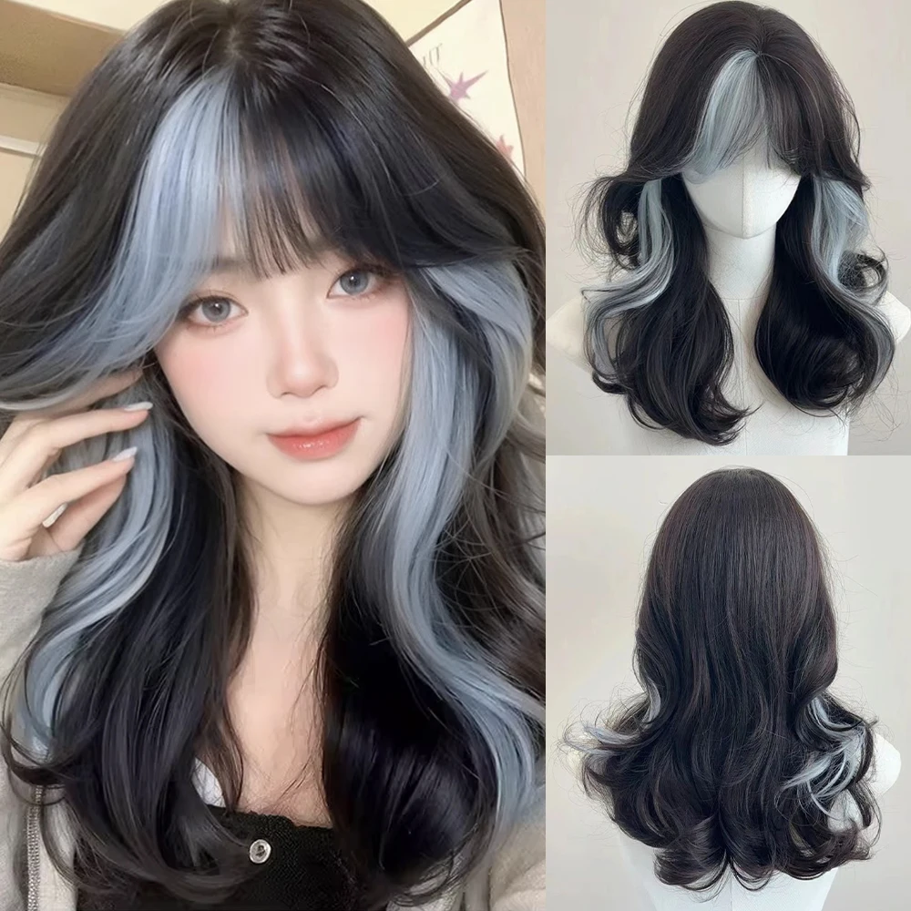 Black Blue Highlights Short Synthetic Wavy Wig with Bangs Fluffy Heat Resistant Women Wig for Daily Party Lolita Cosplay