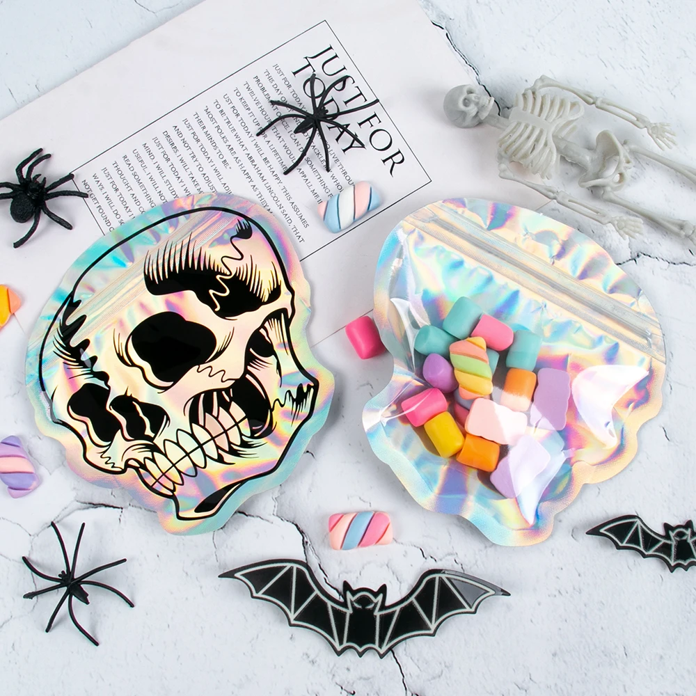 20/100pcs Halloween Skull Candy Packaging Bag Laser Laser Skull Holographic Ziplock Bag Halloween Gift Packaging Bag Party Decor