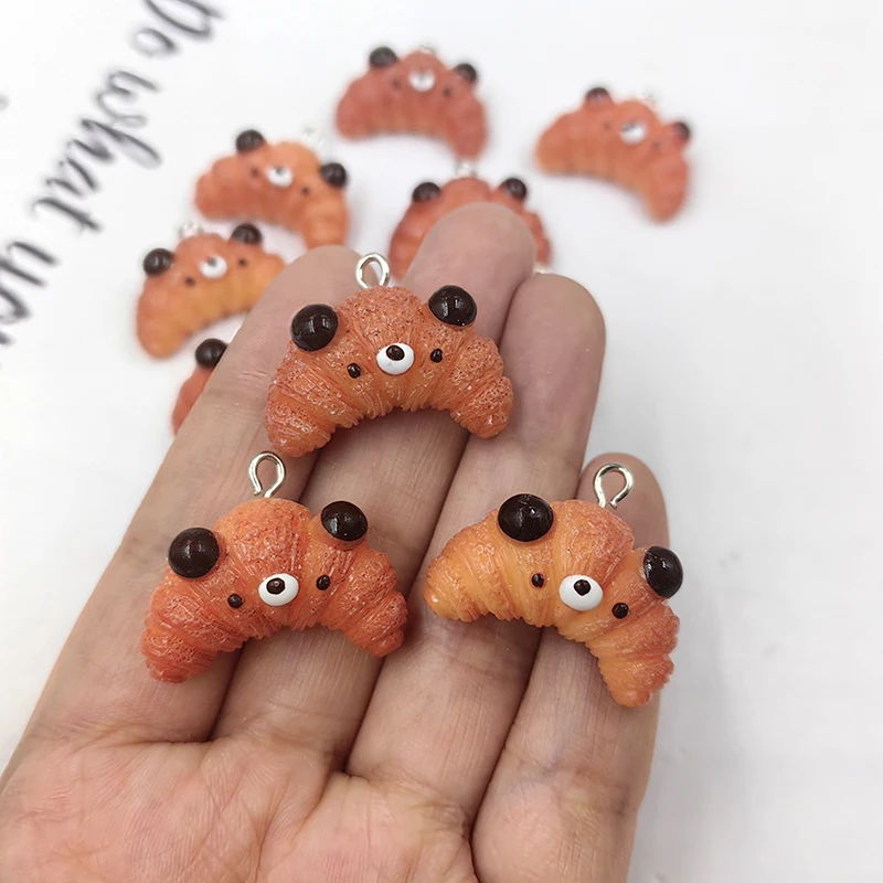 10pcs New Animals Bear Croissant Bread Charms Resin Handmade Pendant Flatback Keychain DIY Jewelry Making Findings C1574