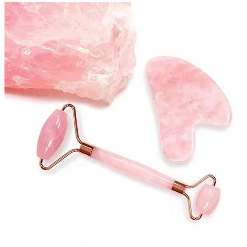 Pink Rose Quartz Jade Massager Roller Gouache Scraper Set Natural Crystal Stone Gua Sha Board Face Roller Skin Care Beauty Tool