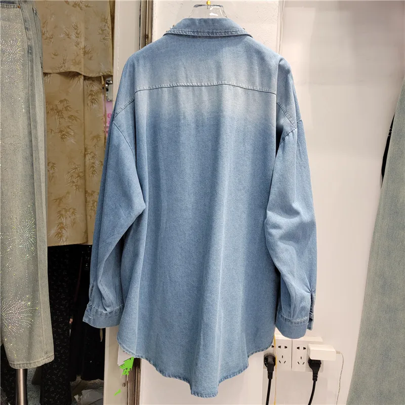 2025 Spring Heavy Industry Flower Denim Shirt Women Loose Lapel Collar Single Row Button Casual Nail Bead Cardigan Coats