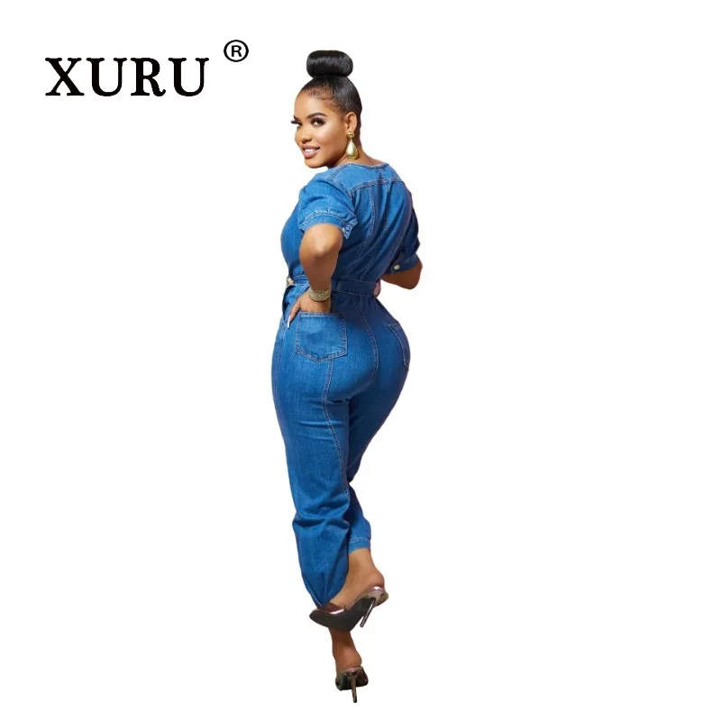 XURU-Women's Loose Bubble Sleeved Denim Short Jumpsuit, Lace Up Sexy Jumpsuit, European and American Fashion, N7-6945, New