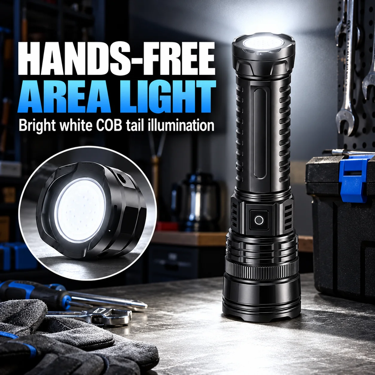 Heavy Duty Rechargeable Flashlight, Adjustable Focus LED Flashlight with Digital Power Display and White COB Tail Light, Wide Flood and Focused Spot Beam for Camping, Home, Car and Emergencies