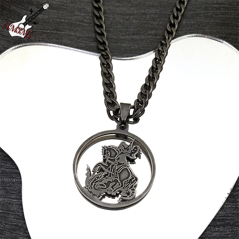 Archangel St.Michael Protect Me Pendant Necklace for Women Men Stainless Steel Black Color Hollow Religious Chain Jewelry N914