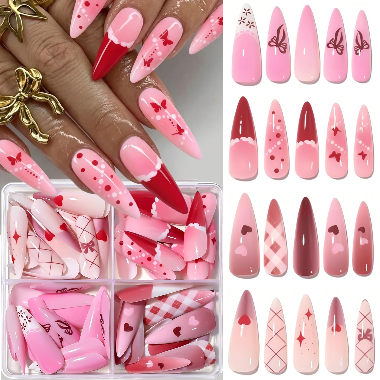 96Pcs Pink Red Long Stiletto Press On Nails Ribbon Butterfly Heart Grids Design French  Fake Nail for Girls Y2K Sweet Manicure t