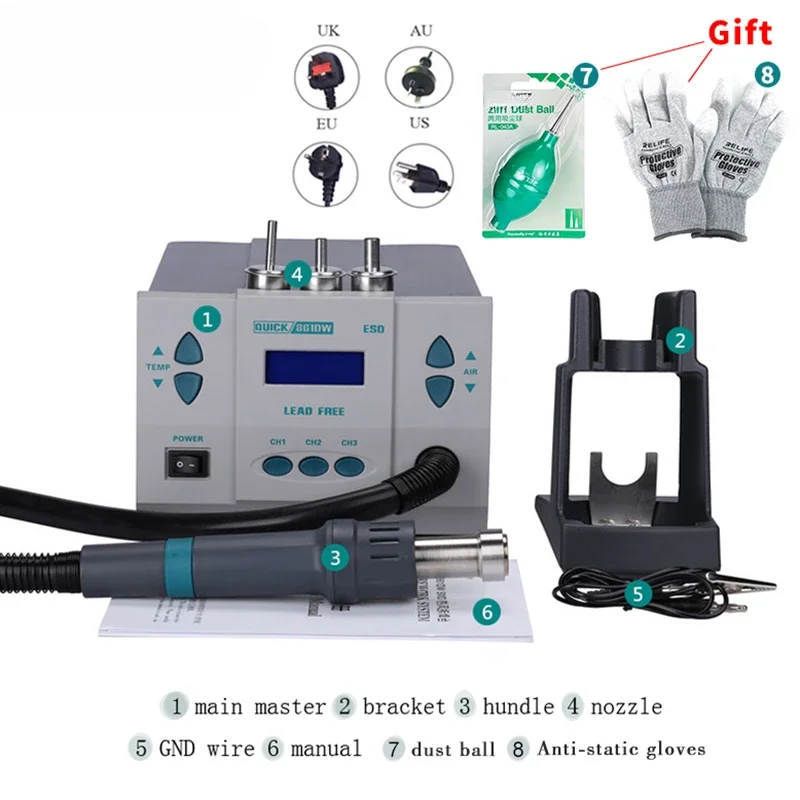 1000W Heat Gun Lead Free Hot Air Soldering Station Rework Station+Nozzle With Replace Hot Gun Handle Core