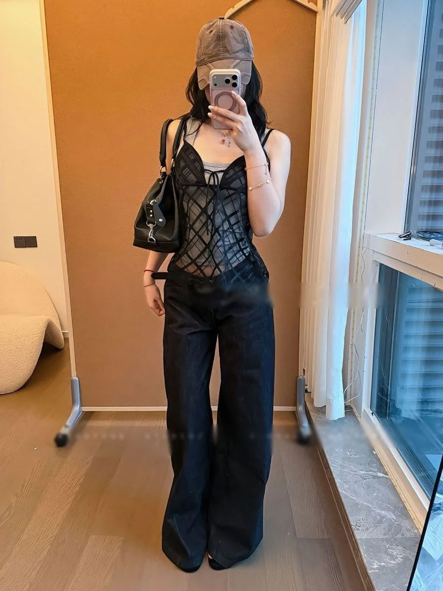 Pure Desire Hollow out Mesh Strap Women's Single Piece V-neck Front Tie Transparent Cover up Black  Vest Casual Style