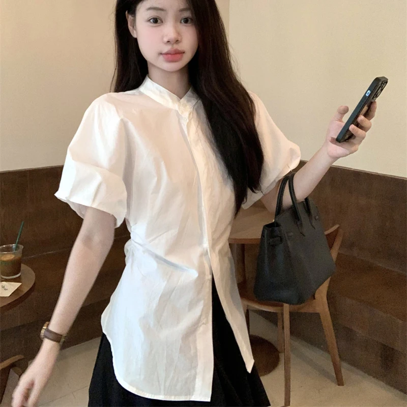 Reine Baumwolle Koreanische Frauen Hemd Sommer Weiß Preppy Puff Sleeve Lose Stricken Bluse Student Casual Süße Stehkragen Chic Neue Tops