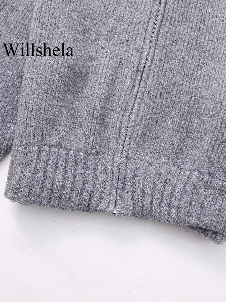 Willshela Women Fashion Grey Front Zipper Knitted Sweater Vintage O-Neck Long Sleeves Female Chic Lady Tops Outfits