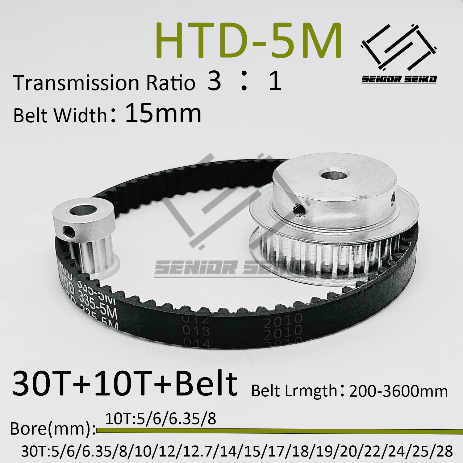 HTD5M 30Teeth 10T Timing Pulley Belt Set Belt Width 15mm Bore 5~28mm Reduction 3:1 Deceleration 5M Pulley Kit Synchronous Wheel