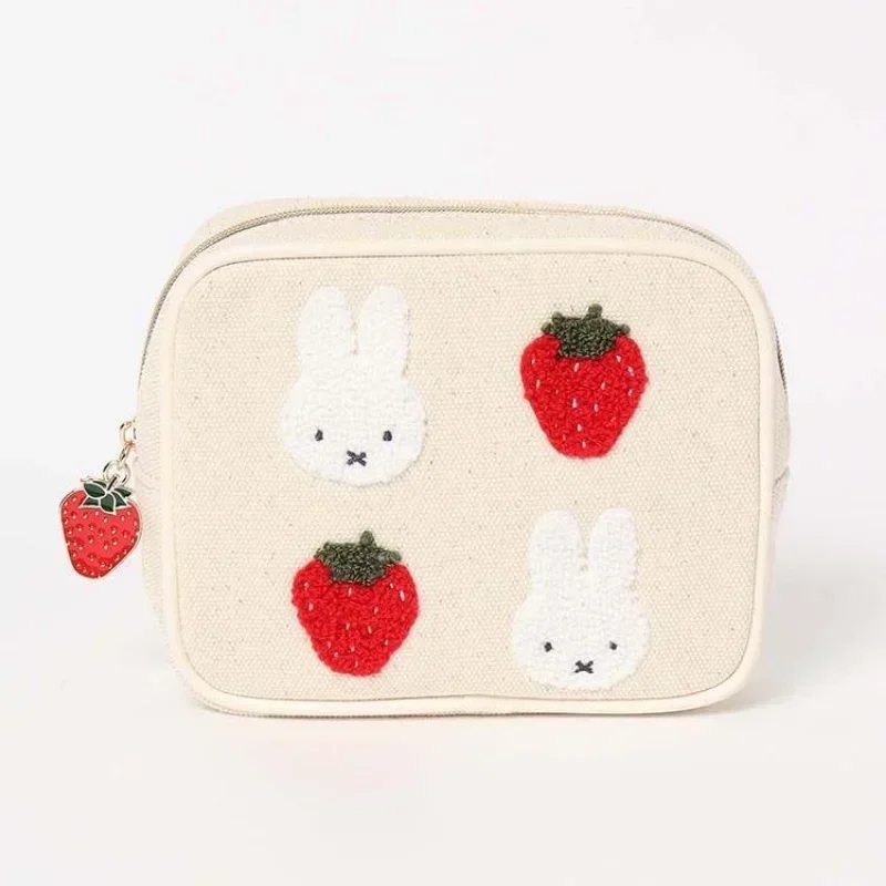 Miffy Strawberry Series Cartoon Kawaii Pink Square Makeup Storage Bag Portable Embroidery Fashion Canvas Lipstick Suit Plush