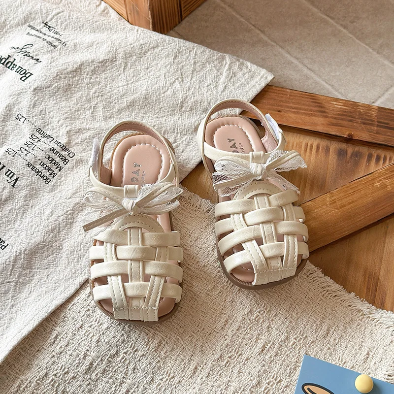 Baby Girls Sandals 2026 Summer Gladiator Sandals Hollow Closed Toe Sandals Bow Princess Shoes Soft Sole Toddler First Walkers