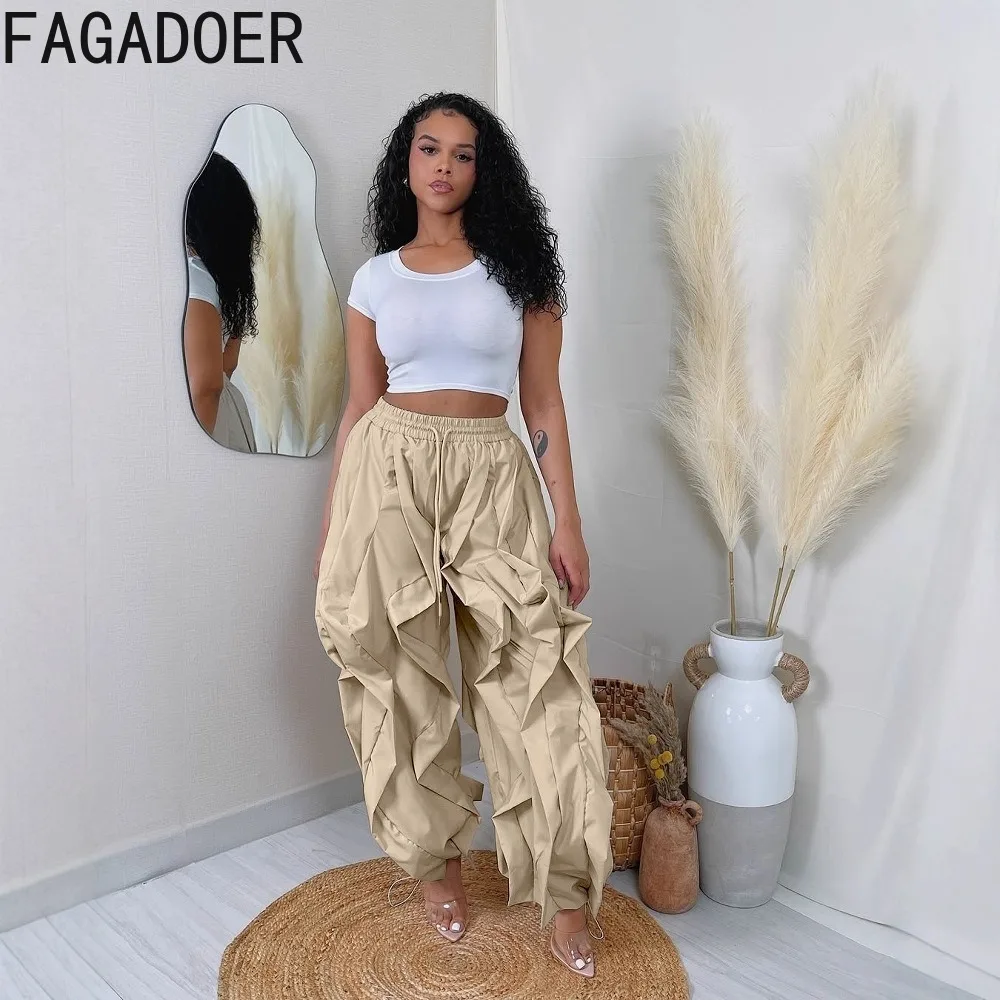 FAGADOER Casual Ruched Patchwork Lantern Sleeve Pants Women High Waist Drawstring Patchwork Pants Female Streetwear Trousers New