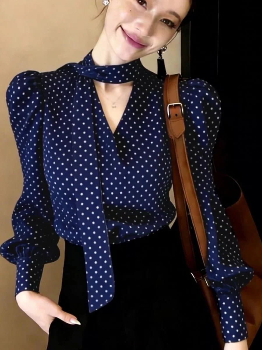 

Elegant Long Sleeve Shirt Women's Spring 2026 New Style Neck Hanging Sash Slimming High-End Feeling Commute Style Polyester