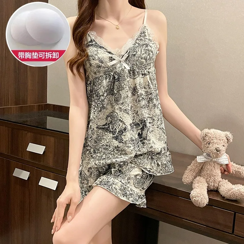 Neues Sommer-Pad-Camisole-Set für Damen, Studentinnen, Loungewear, weich, bequem, Mädchen-Pyjamas, atmungsaktiv, Alltagskleidung, lässig für Frauen