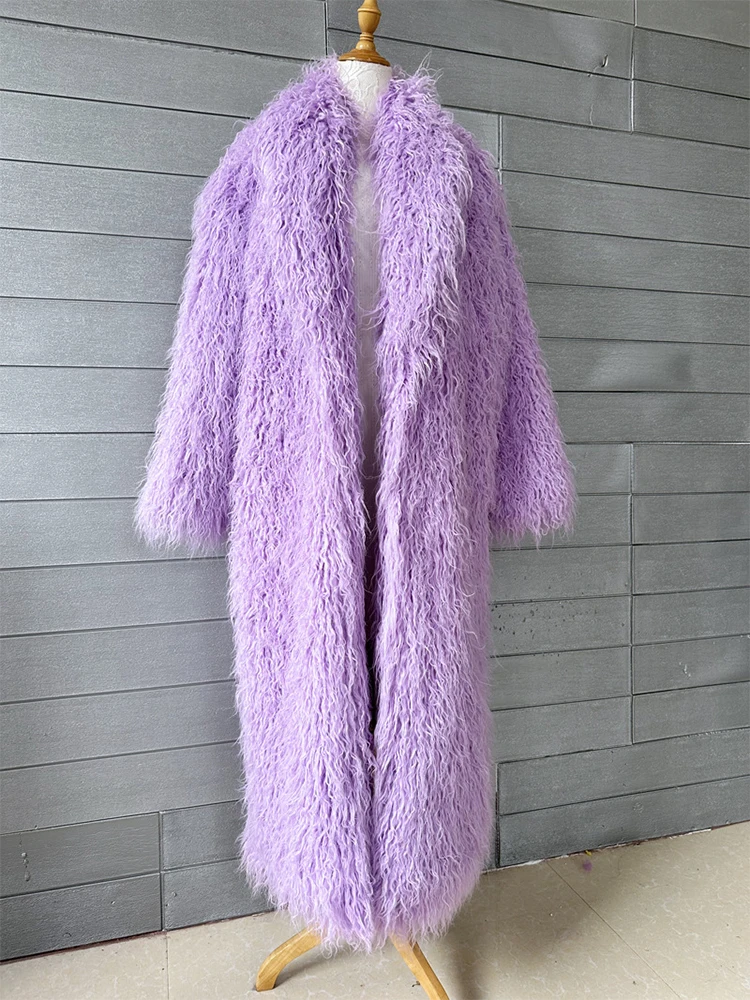 Fashion Super Long Faux Sheep Fur Trench Coat for Women Solid Lapel Fluffy Faux Fur Jackets Women 2023 Winter Shaggy Outerwears