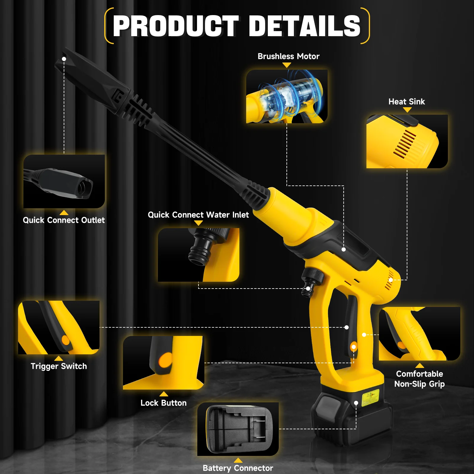 Cordless Pressure Washer 380W Brushless Portable High-Pressure Car Washer Gun 653PSI 3-Speed for Dewalt 20V Battery (No Battery)