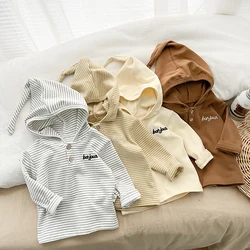 Spring And Autumn Newborn Baby Girls And Boys Baby Tee Cotton Cute Striped Hooded Long-sleeved Korean Fashion Soft Casual