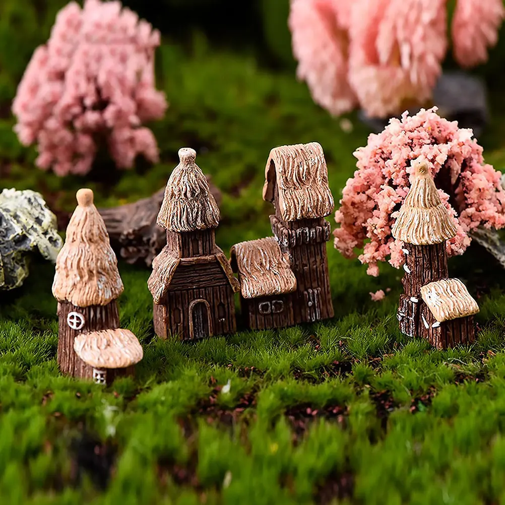 

4pcs Mini Wooden Castle Decorations Country Garden House Resin Small Scene Fairy House Miniature Cottage Landscape Ornament