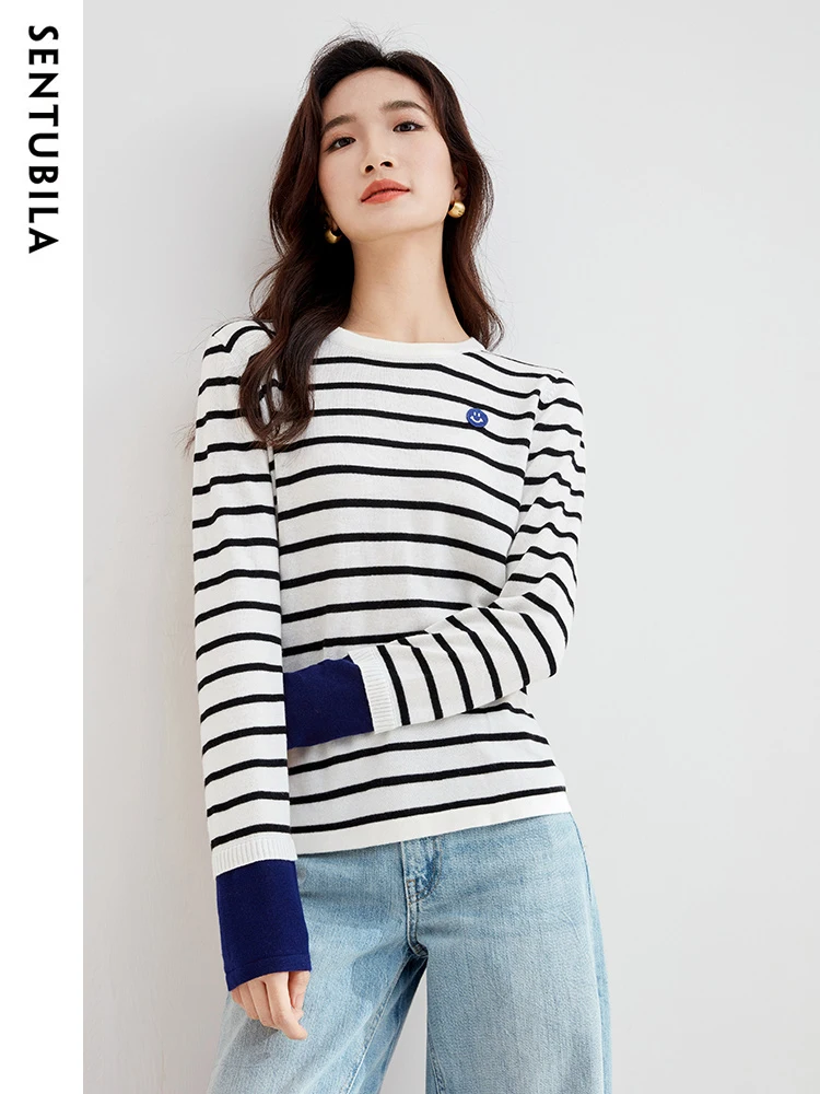 

SENTUBILA Striped Knitwear Women Crewneck Sweater Long Sleeve Pullovers Bottoming Shirt Autumn Winter New Knitted Top W33E52362