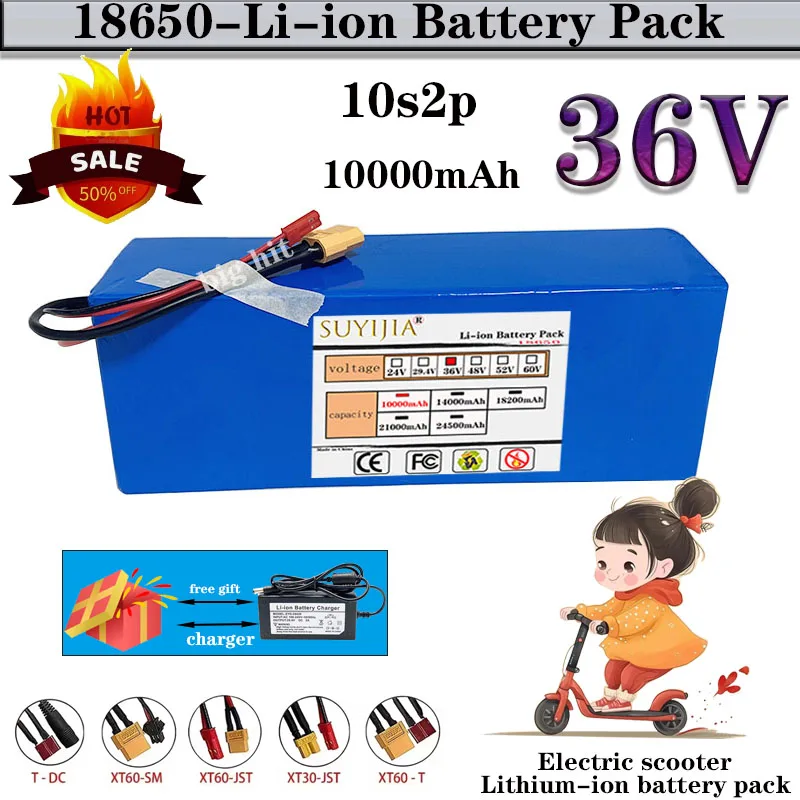 18650 10S2P 36V 10000mAh Lithium Battery Pack for Electric Vehicles with BMS+ Free 42-2A Specifications