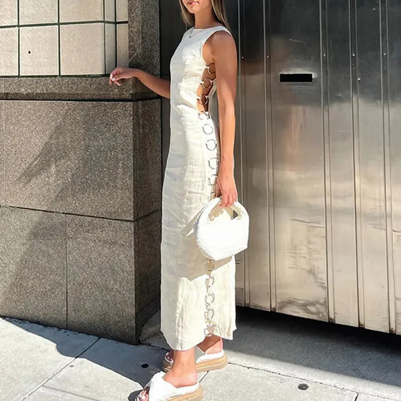 White Summer Dresses For Women Round Neck Circular Decor Hollow Out Sleeveless Maxi Dresses Female Casual Lady Robes